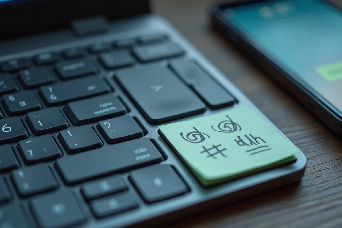 Gros plan sur des touches d'un clavier AZERTY avec annotations manuscrites comparant les symboles selon les logiciels