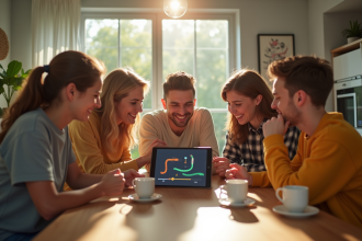 Groupe d'amis jouant à Google Snake à la tablette