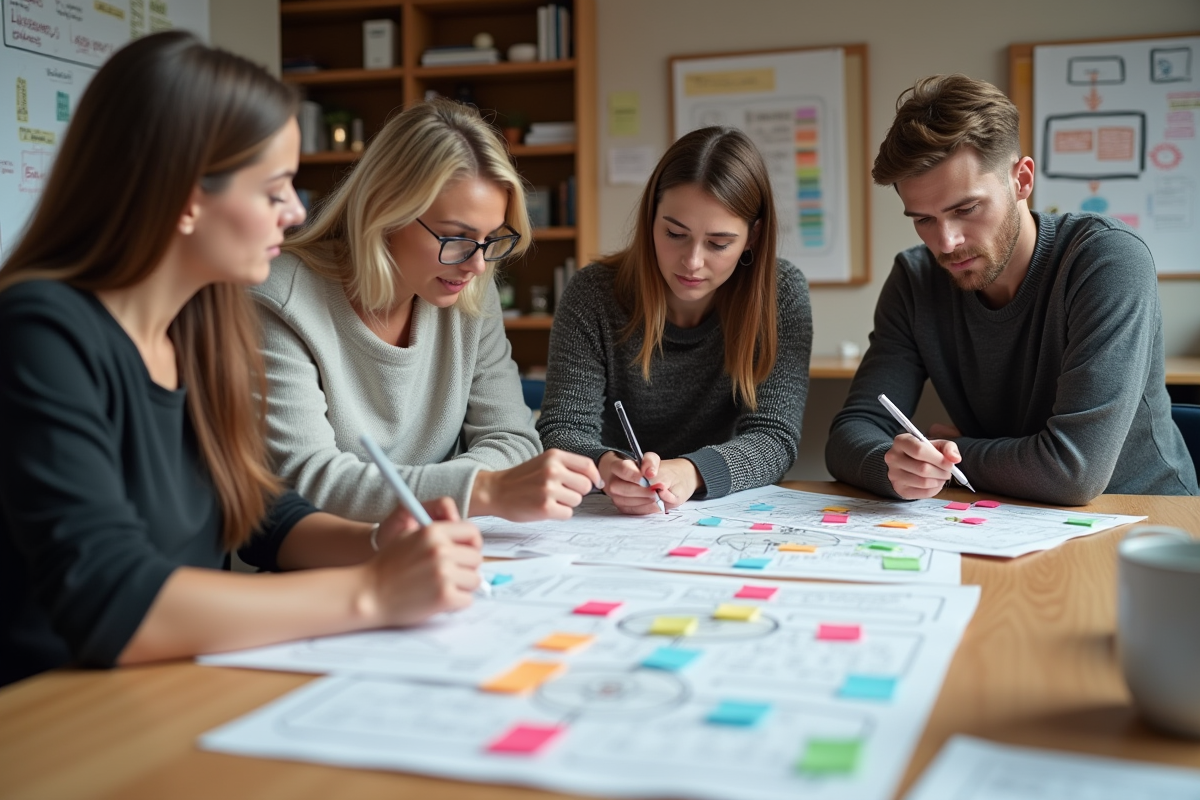 Groupe de professionnels en réunion pour cartographier les parcours utilisateur