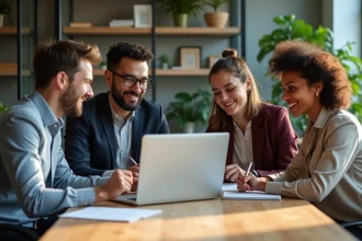 Quatre adultes en coworking collaborant autour d'un ordinateur