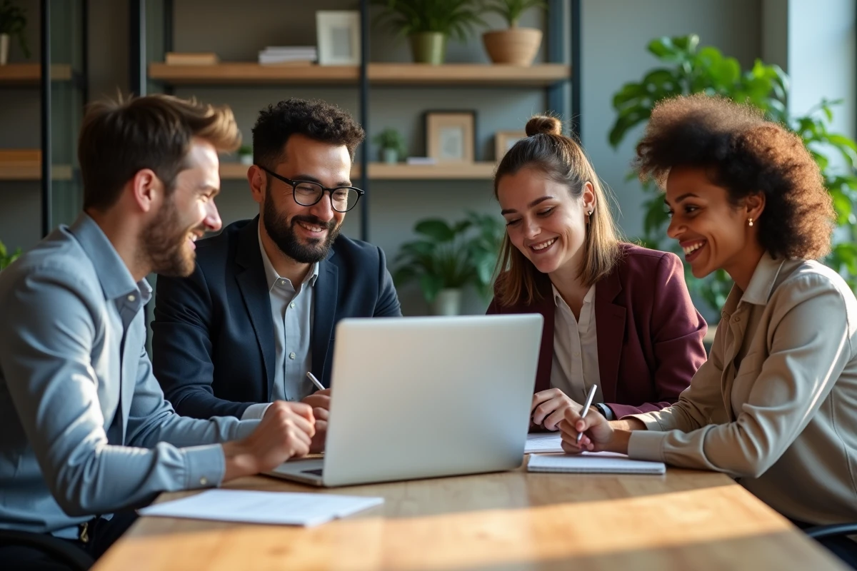 Quatre adultes en coworking collaborant autour d'un ordinateur