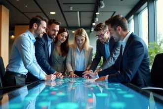 Groupe de professionnels autour d'une table numérique moderne