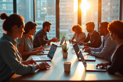 Groupe de personnes autour d'une table analysant Google analytics