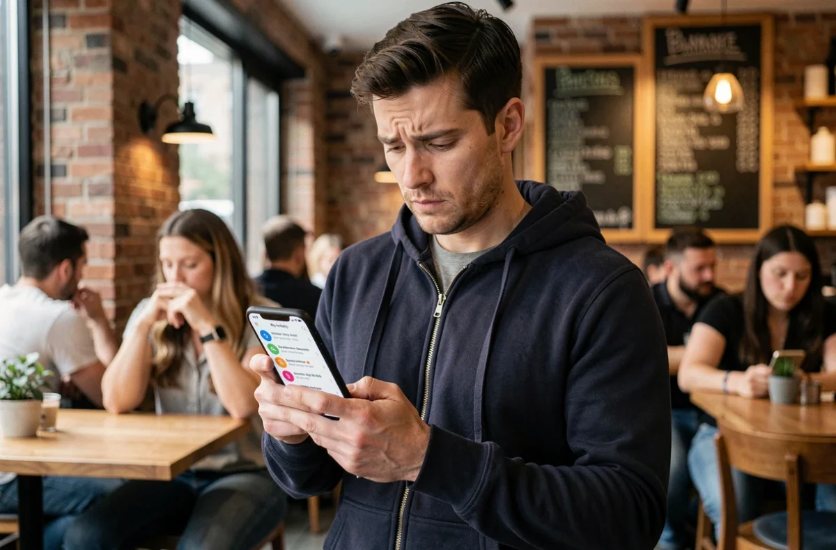 Jeune homme consultant l'historique de ses recherches Google sur son smartphone dans un café