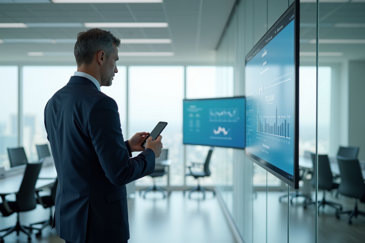 Homme d affaires regardant écran dans bureau moderne