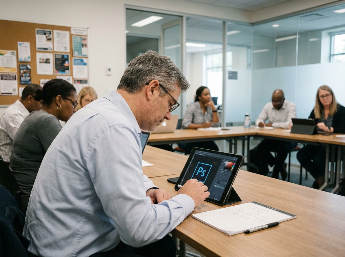 Homme en formation regardant un tutoriel Photoshop sur sa tablette