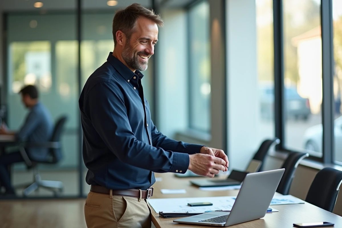 Homme souriant vérifiant son écran dans un bureau moderne