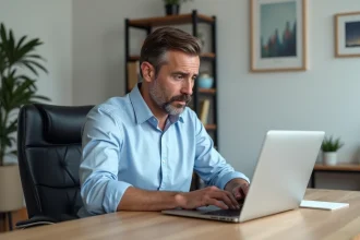 Homme d'âge moyen tapant une adresse IP sur son ordinateur