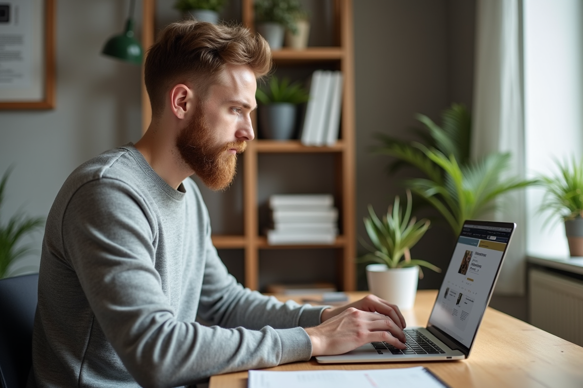 Homme en bureau moderne naviguant sur un site photo