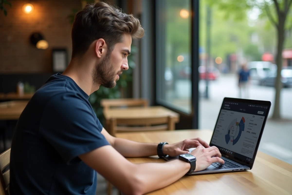 Jeune homme analysant insights Instagram au café