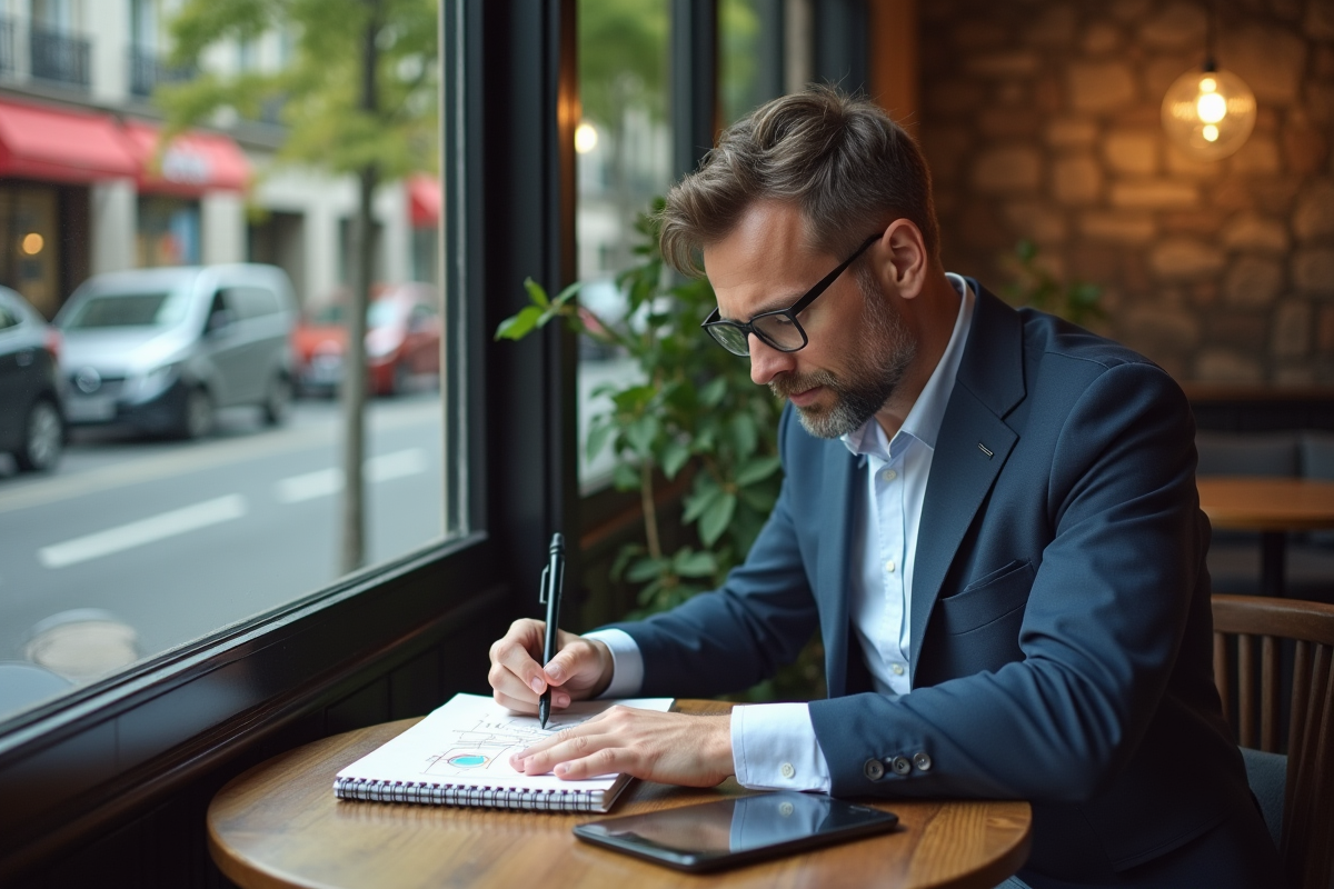 Homme dessinant des flux web dans un café urbain