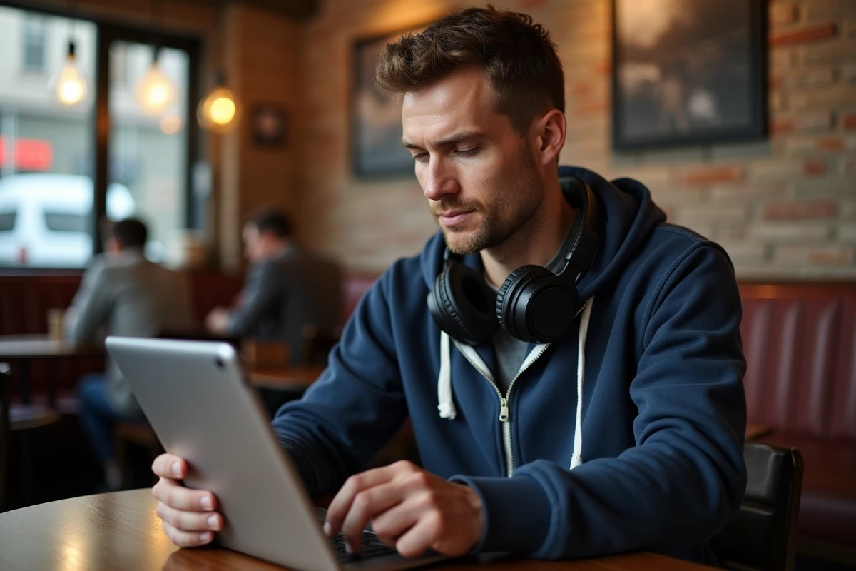Homme avec casque utilisant une tablette dans un café urbain