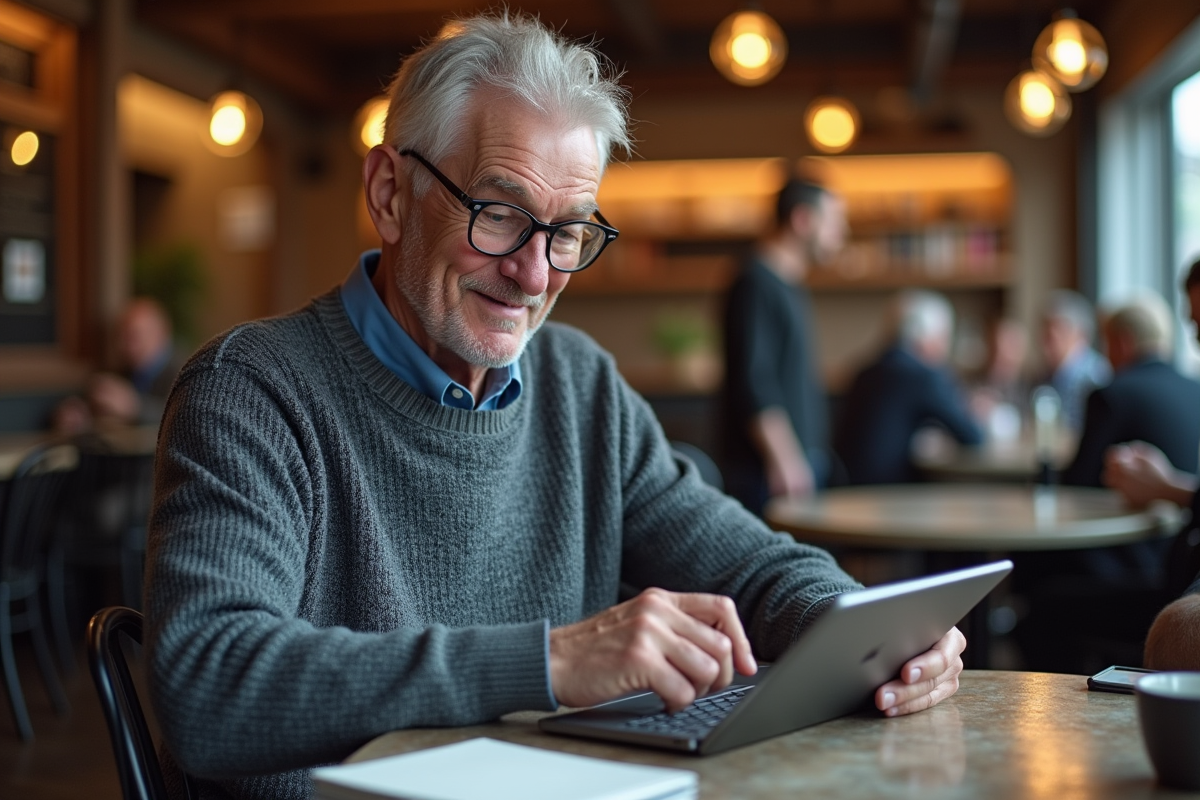 Homme d age utilisant une tablette dans un cafe