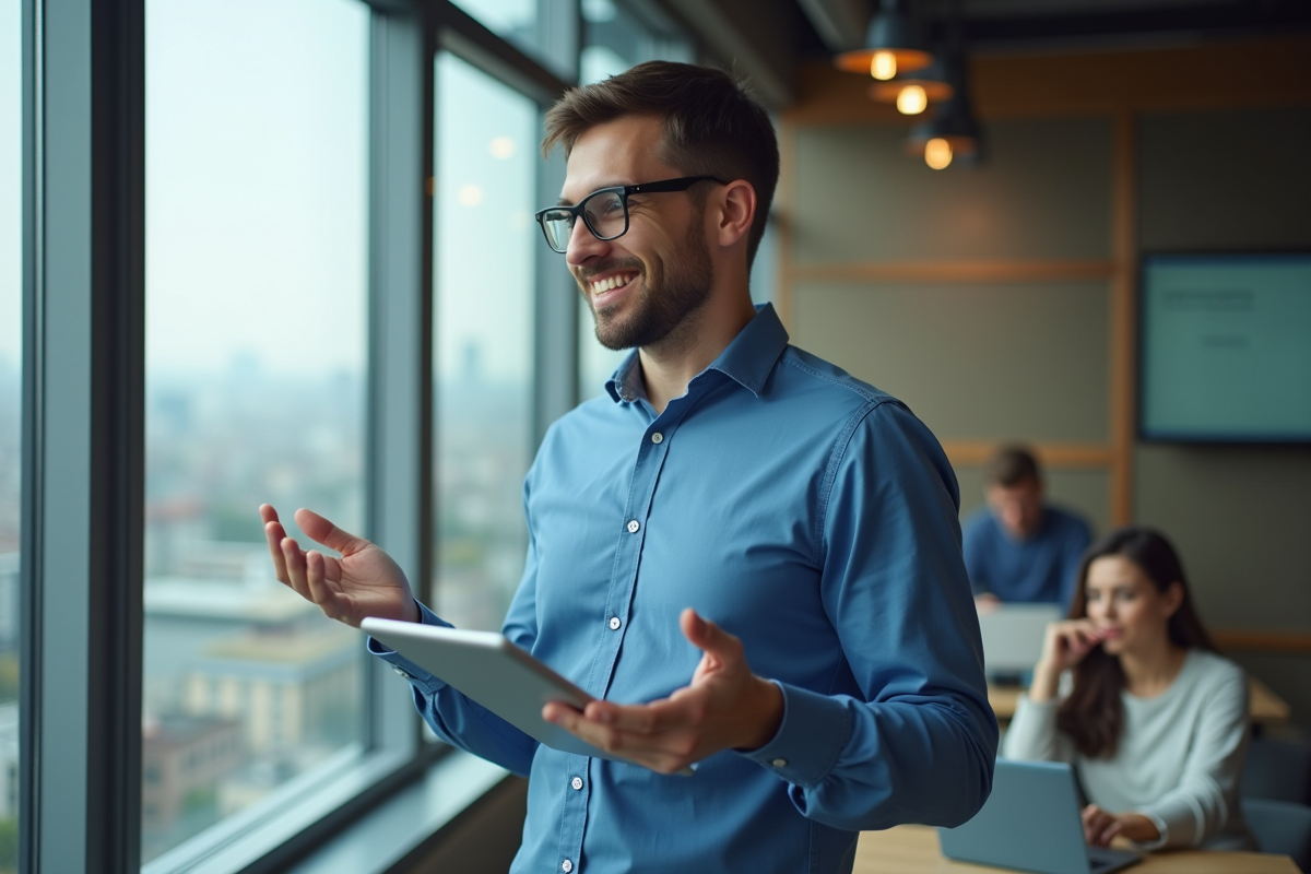 Homme expliquant des techniques SEO dans un espace de coworking
