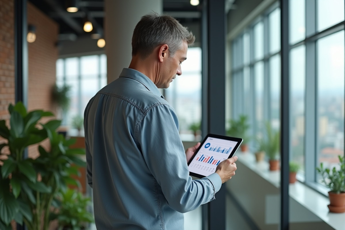 Homme regardant des graphiques SEO dans un espace de coworking