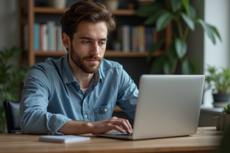 Jeune homme en tenue casual configure un routeur dans un bureau moderne