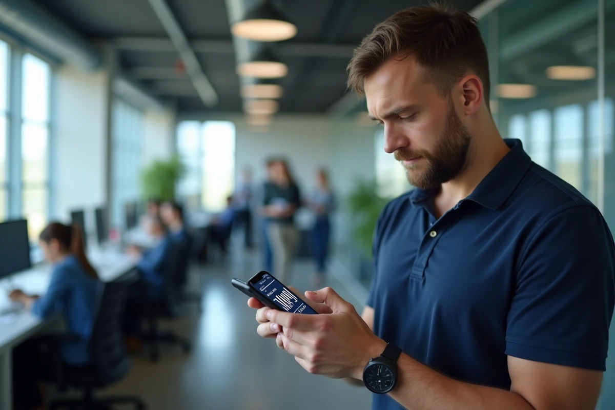 Homme consultant un tableau de conversion gigaoctets en mégaoctets sur son smartphone dans un bureau moderne
