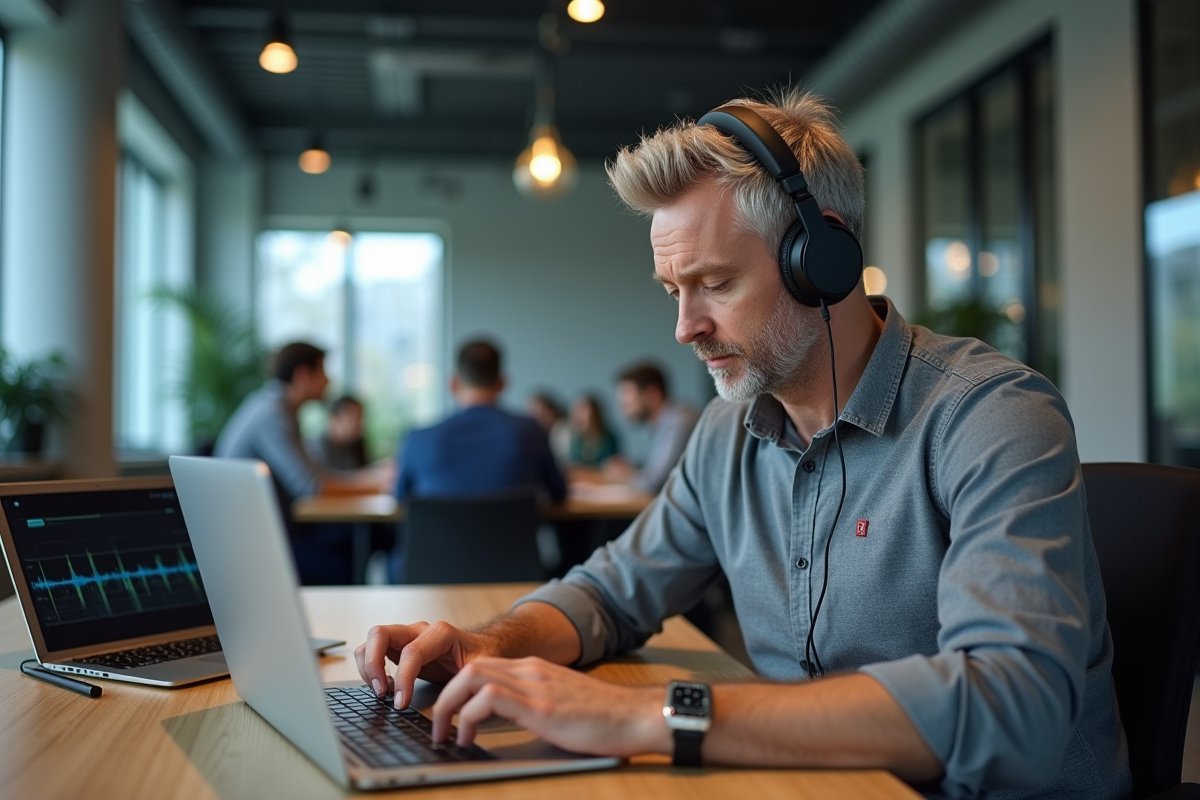 Homme concentré écoutant de la musique dans un espace de coworking dynamique