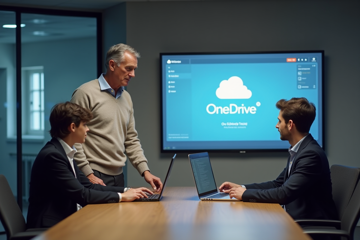 Homme en réunion expliquant la configuration de OneDrive à un collègue