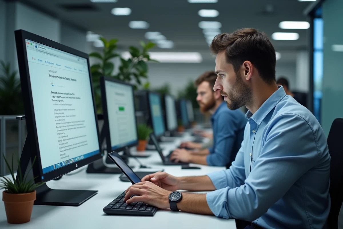 Homme en entreprise face à une erreur de connexion sur l'interface webmail IONOS depuis un ordinateur de bureau en open space