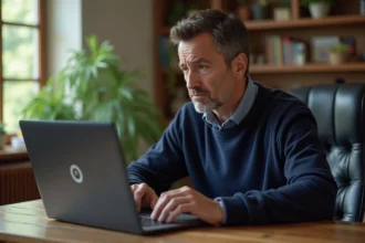 Homme d'âge moyen frustré devant son ordinateur à la maison