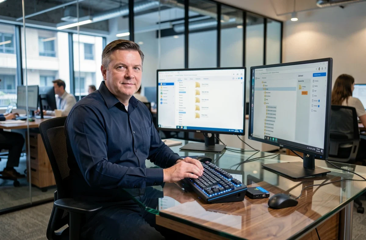 Homme en entreprise gérant ses sauvegardes et archives compressées sur un double écran avec une application zip professionnelle
