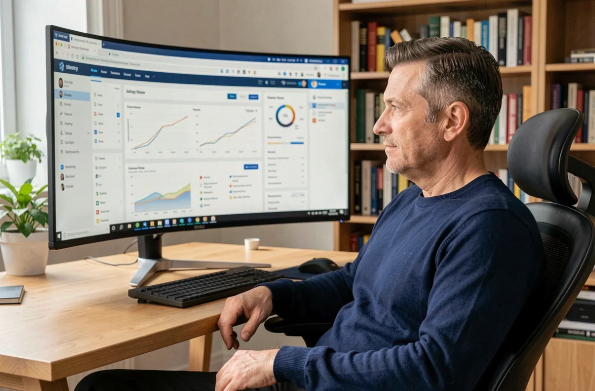 Homme travaillant sur un grand écran PC ultrawide incurvé dans un bureau à domicile