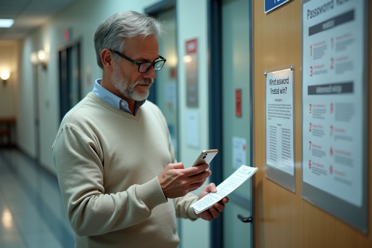 Homme lisant un guide de reinitialisation dans un couloir