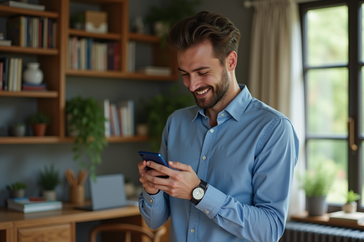 Jeune homme lisant un email sur son smartphone dans un espace cosy