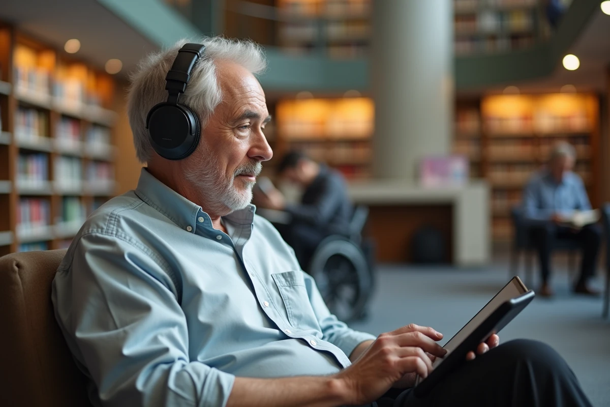 Homme attentif regardant une tablette avec sous-titres dans une bibliothèque