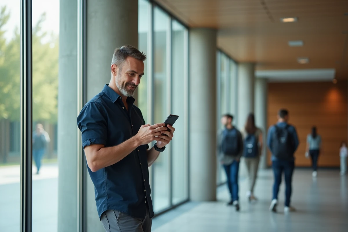 Homme vérifiant ses emails sur son smartphone dans un hall universitaire