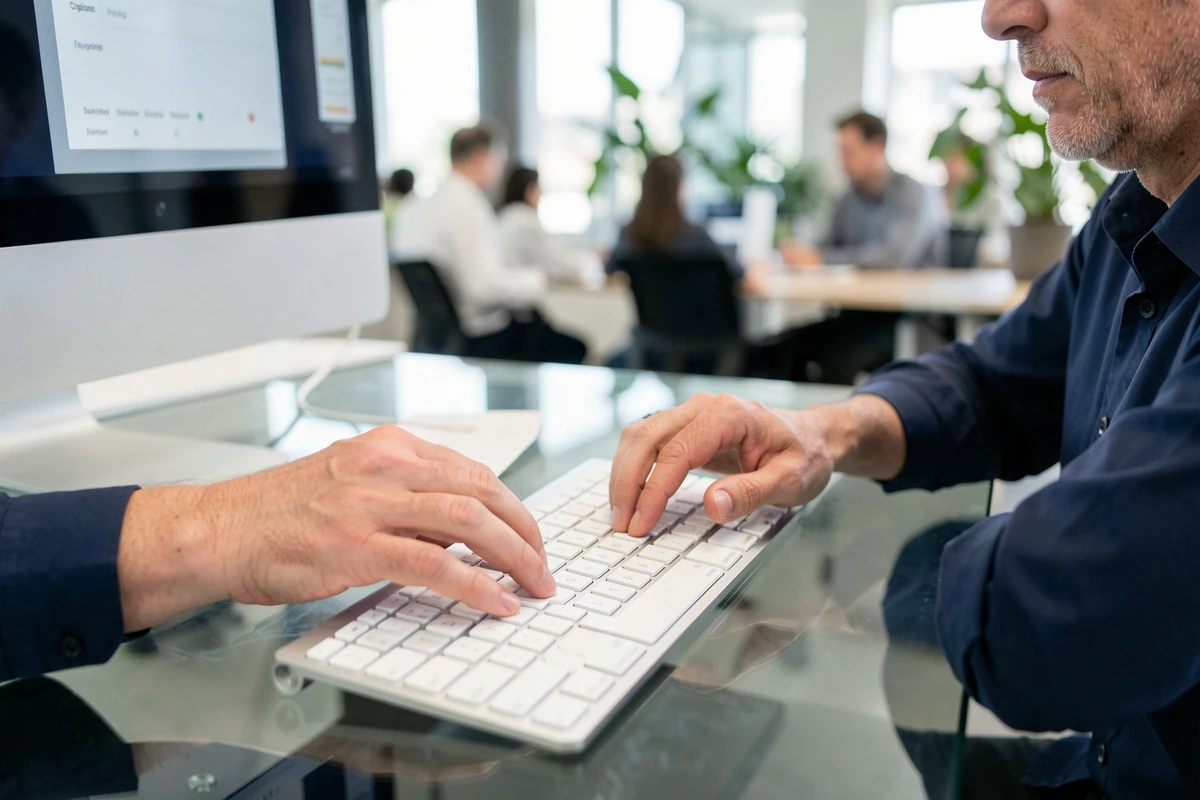 Homme en bureau ouvert utilisant un clavier Apple Magic Keyboard connecté à un iMac pour insérer un point d'exclamation