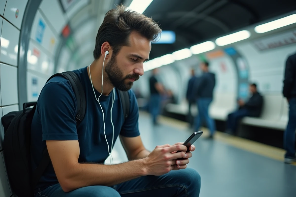 Homme dans le métro consultant un outil de conversion YouTube en MP3 sur son smartphone avec des écouteurs