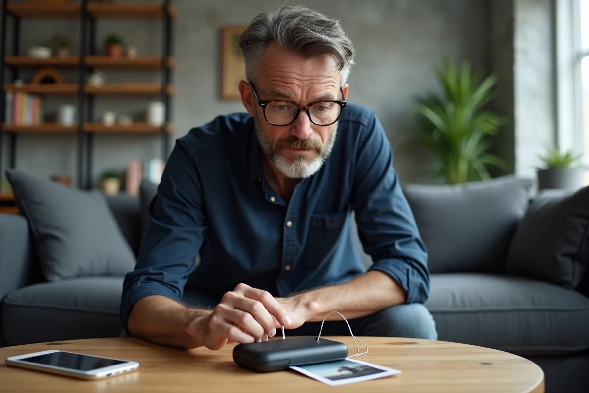 Homme utilisant une mini imprimante portable pour imprimer une photo depuis son smartphone dans un appartement moderne