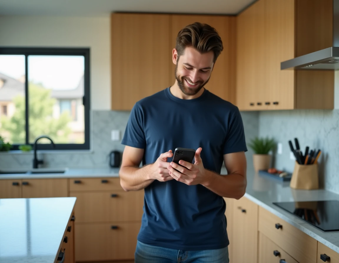 Homme consultant des offres de shopping en ligne sur Google USA depuis son smartphone dans une cuisine américaine