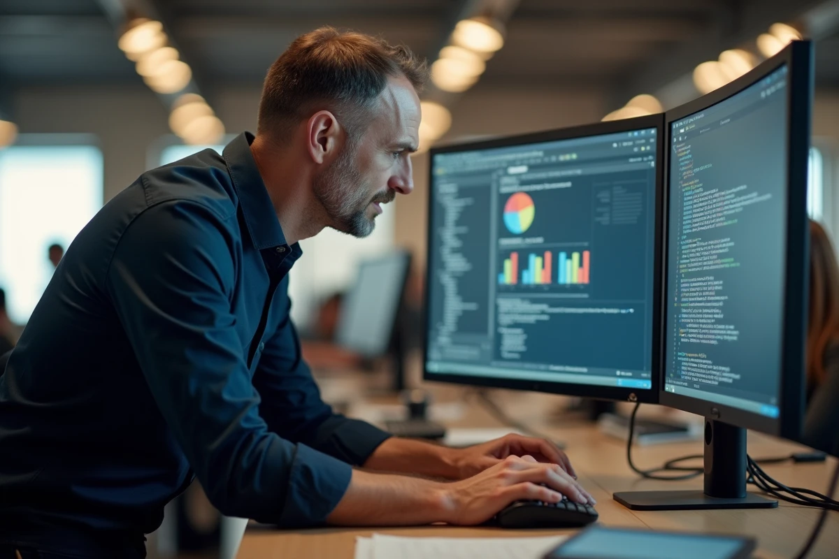 Homme en open space comparant le rendu de symboles clavier AZERTY entre un tableur et un terminal