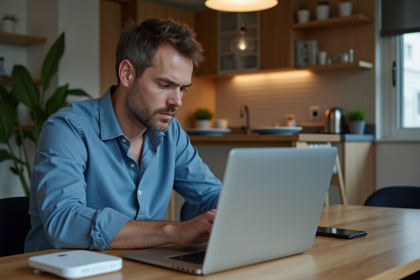 Homme concentré sur son ordinateur vérifiant le WiFi à la maison