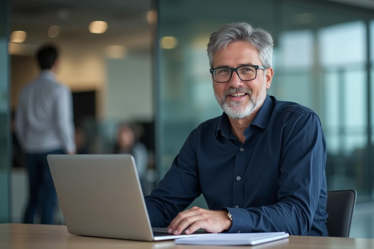 Homme d'affaires gérant les paramètres de confidentialité Google sur ordinateur portable au bureau