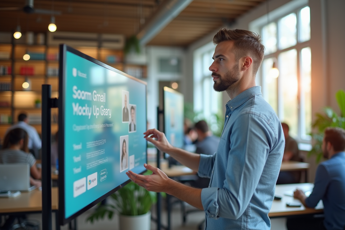 Homme en coworking montre un mockup de landing page sur un grand écran