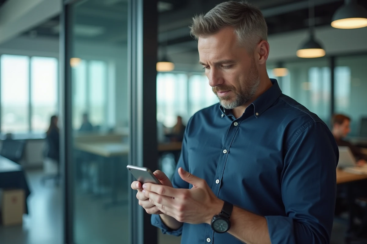 Homme en open space utilisant WhatsApp pour programmer un message professionnel