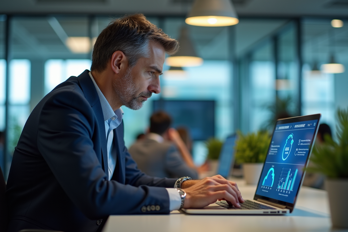 Homme d affaires examinant un tableau de bord de securite cloud
