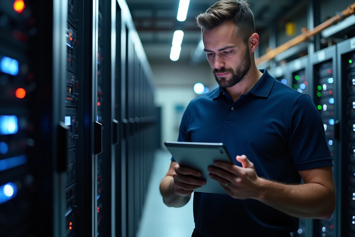 Homme vérifiant un serveur avec tablette dans centre hightech