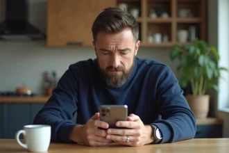 Homme assis à la maison avec smartphone Samsung A25