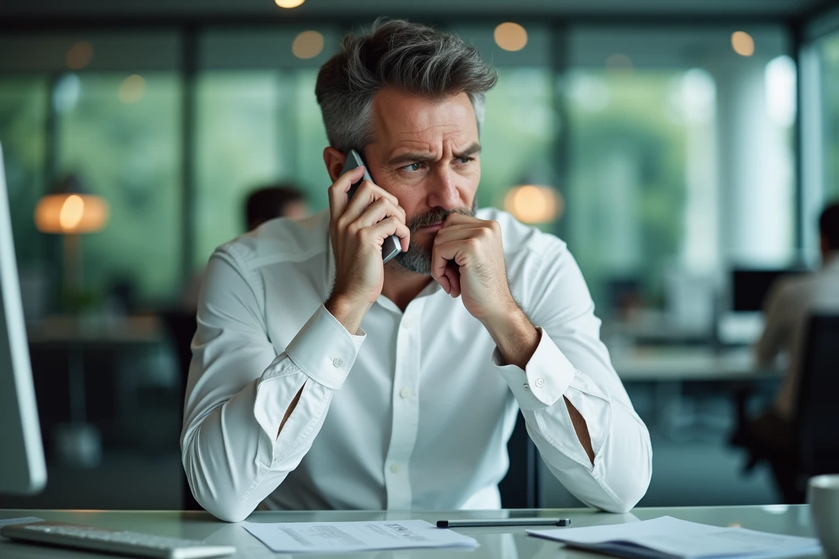 Homme envoyant un SMS anonyme à son patron depuis son bureau en open space