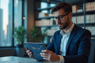Homme en costume regardant un tableau blockchain sur tablette