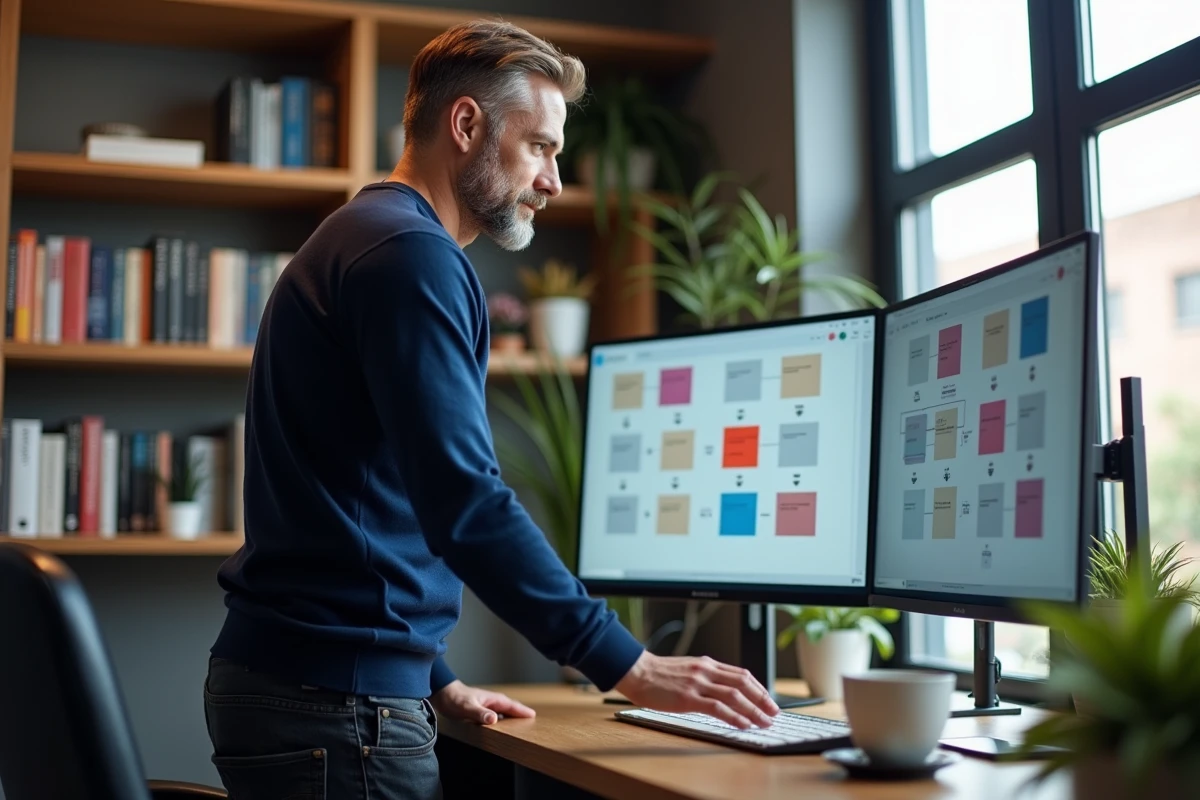 Homme en télétravail gérant des projets professionnels sur deux écrans depuis son bureau à domicile