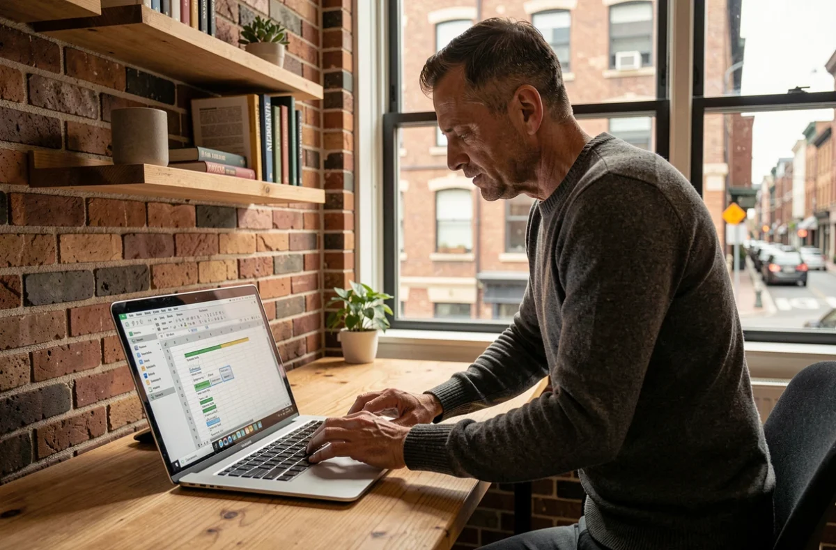 Homme en télétravail utilisant un raccourci clavier pour revenir en avant sur un tableur depuis un bureau debout