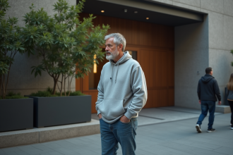 Homme d'âge moyen debout devant une façade moderne urbaine
