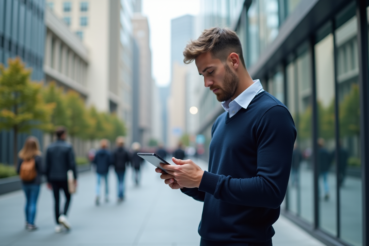 Jeune homme comparant tablette et smartphone en ville