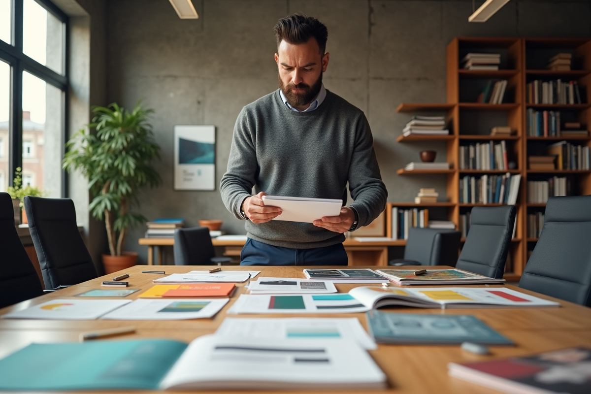 Homme comparant des brochures imprimées lors d